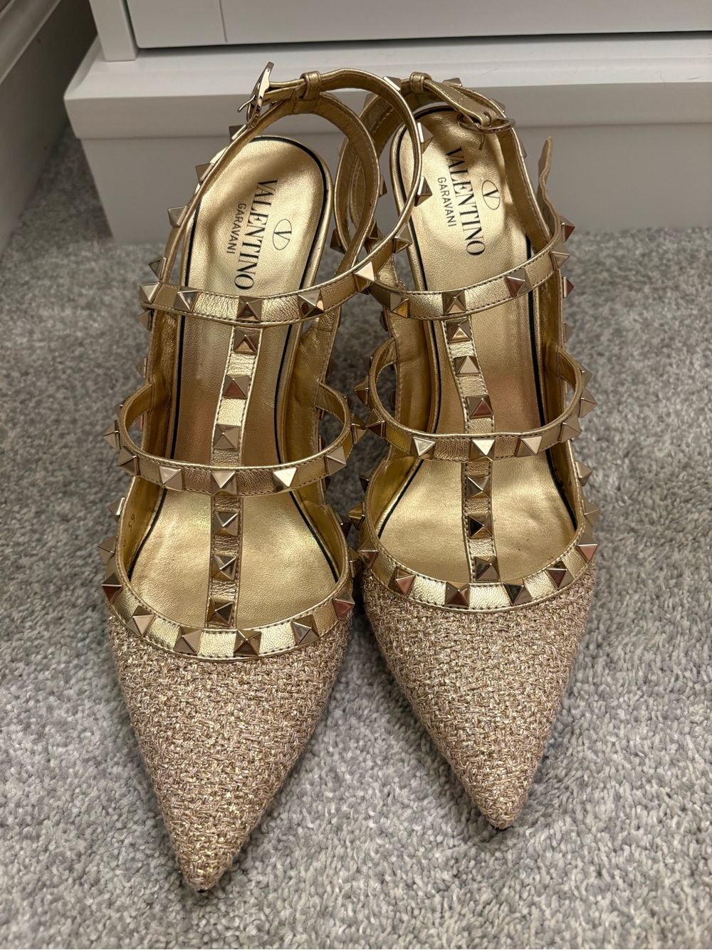 Valentino Gold Studded Pointed Tweed Slingback Heels